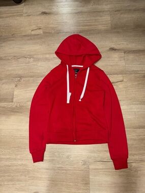 Red Zip Hoodie with White Drawstrings